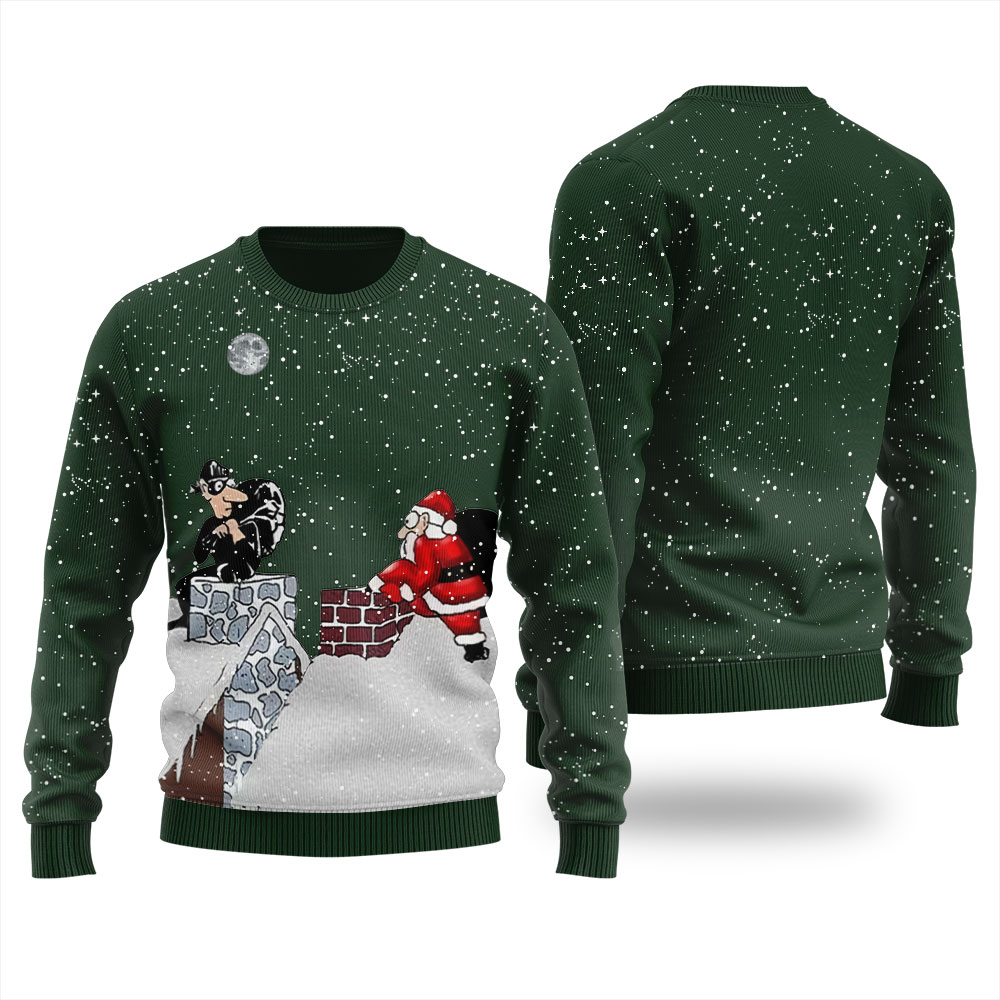 Funny Santa Claus And The Thief Ugly Christmas Sweater Forest Green 6 Funny Santa Claus And The Thief Ugly Christmas Sweater Forest Green