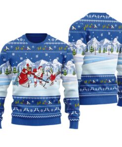 Funny Santa Playing Hockey Ugly Christmas Sweater Royal