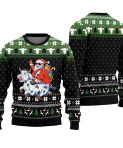 Funny Santa Riding Cow Ugly Christmas Sweater Black