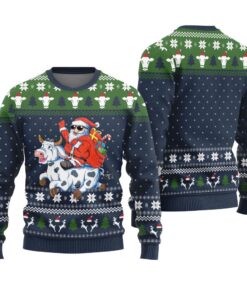 Funny Santa Riding Cow Ugly Christmas Sweater Navy