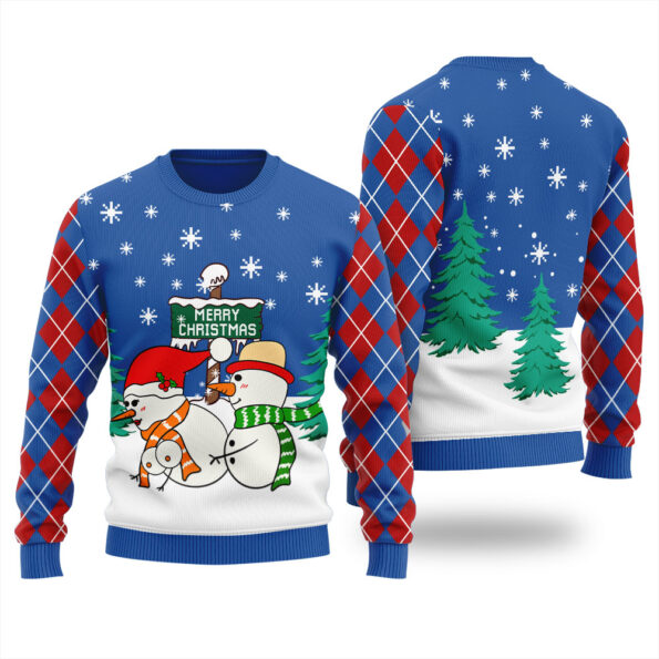Funny Snowman Couple Ugly Christmas Sweater Royal