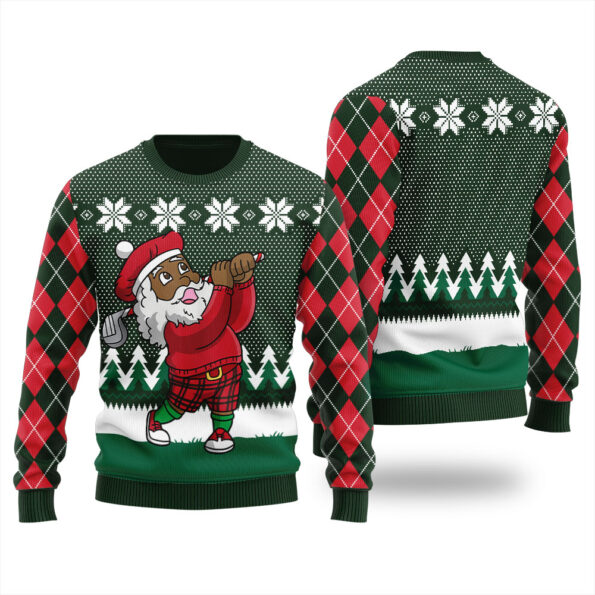 Golfer Santa Ugly Christmas Sweater Forest Green