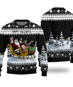 Happy Holiday Santa Jesus Funny Ugly Christmas Sweater Black