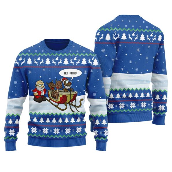 Ho Ho Ho Santa Reindeer Ugly Christmas Sweater Royal