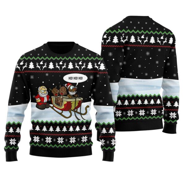Ho Ho Ho Santa Reindeer Ugly Sweater Black