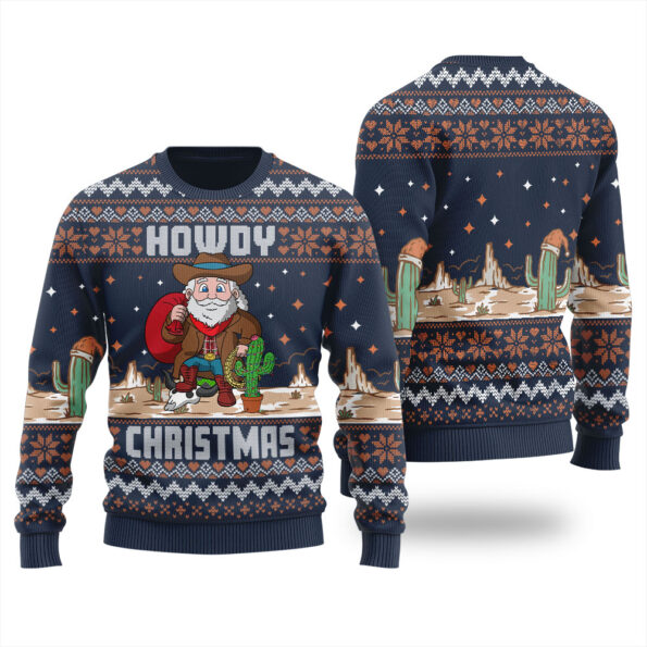 Howdy Cowboy Santa Claus Christmas Sweater Navy