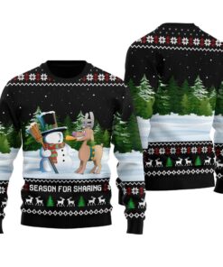 Humorous Reindeer Snowman Ugly Christmas Sweater Black