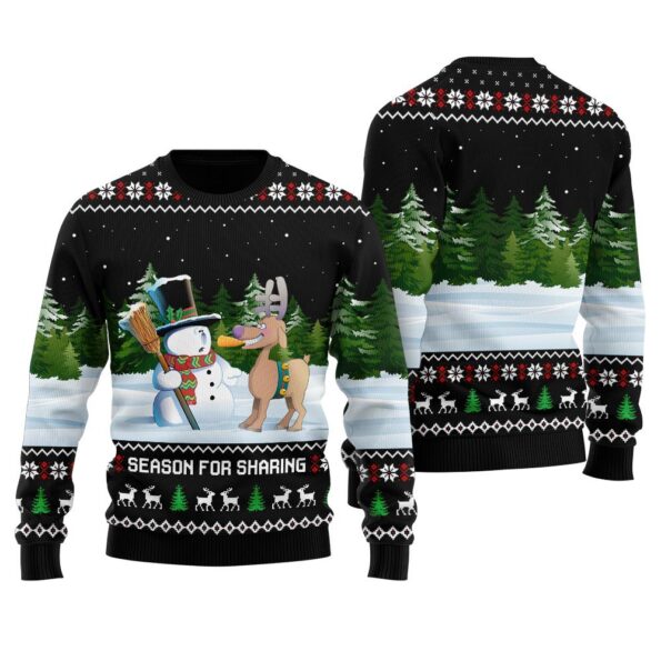 Humorous Reindeer Snowman Ugly Christmas Sweater Black