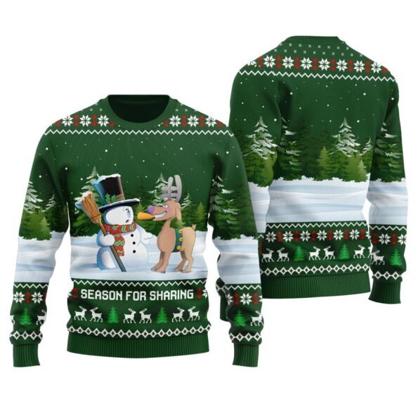 Humorous Reindeer Snowman Ugly Sweater Forest Green
