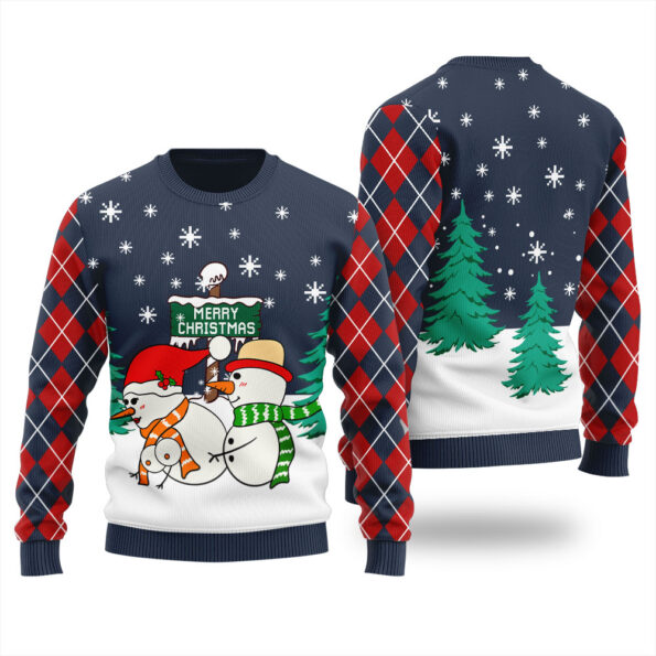 Inappropriate Snowman Couple Christmas Sweater Navy