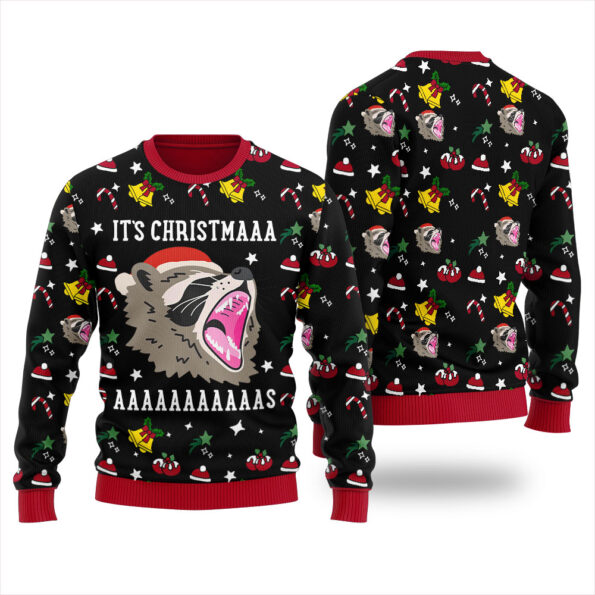 Its Christmas Screaming Raccoon Ugly Sweater Black