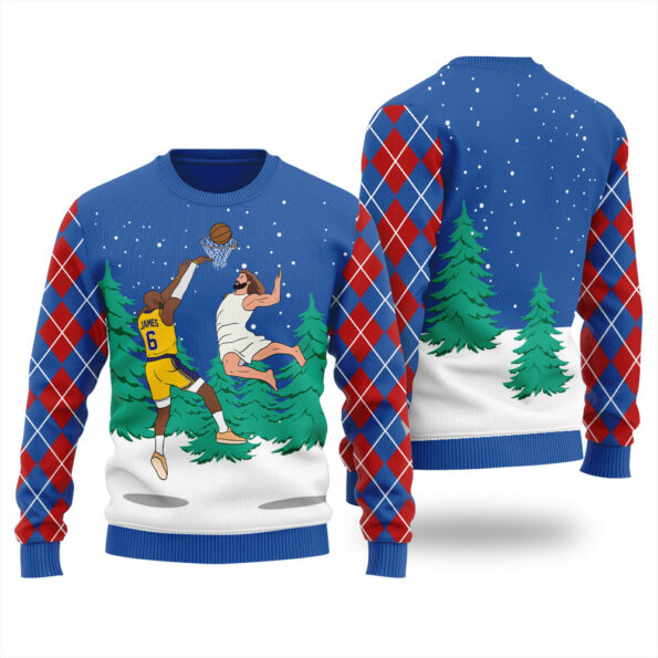 Jesus Dunking Lebron James Christmas Sweater Royal