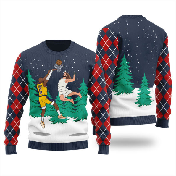 Jesus Dunking Lebron James Ugly Christmas Sweater Navy