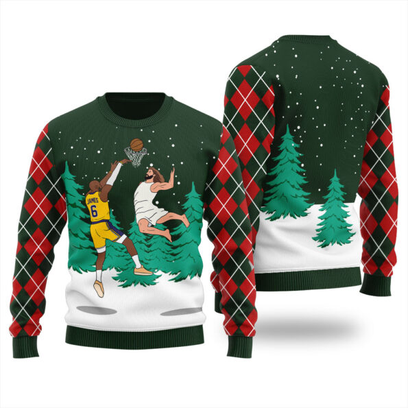 Jesus Dunking Lebron James Ugly Sweater Forest Green