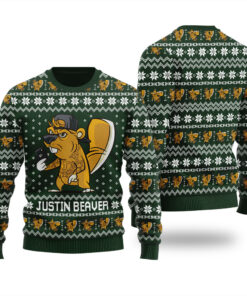 Justin Beaver Funny Ugly Christmas Sweater Forest Green