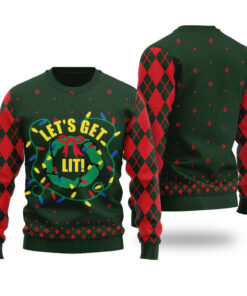 Let's Get Lit Funny Ugly Christmas Sweater Forest Green