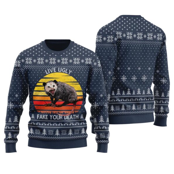 Live Ugly Fake Your Death Possum Ugly Sweater Navy
