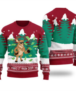 Make It Rain Deer Funny Ugly Christmas Sweater Cardinal Red