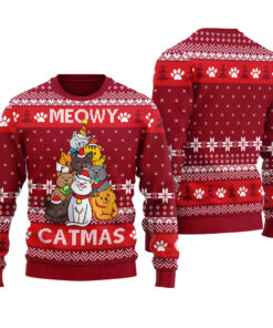 Meowy Christmas Ugly Sweater Cardinal Red