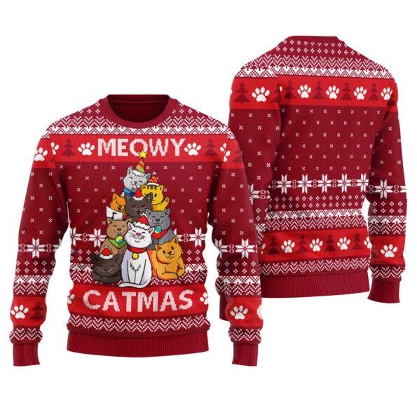 Meowy Christmas Ugly Sweater Cardinal Red