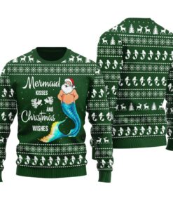 Mermaid Kisses Christmas Wishes Funny Ugly Christmas Forest Green