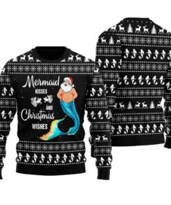 Mermaid Kisses Christmas Wishes Ugly Christmas Sweater Black