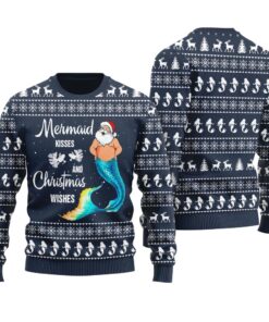 Mermaid Kisses Christmas Wishes Ugly Christmas Sweater Navy
