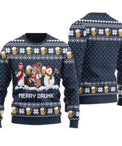 Merry Drunk Santa Jesus Friends Ugly Sweater Navy