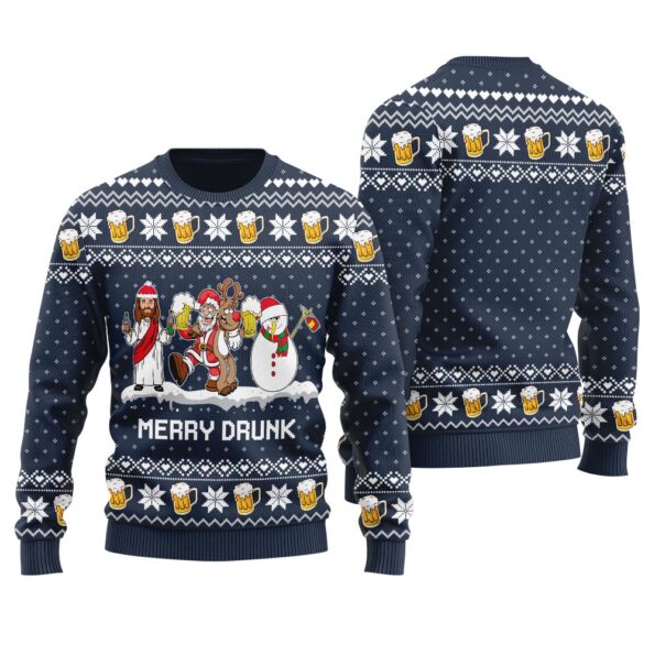 Merry Drunk Santa Jesus Friends Ugly Sweater Navy