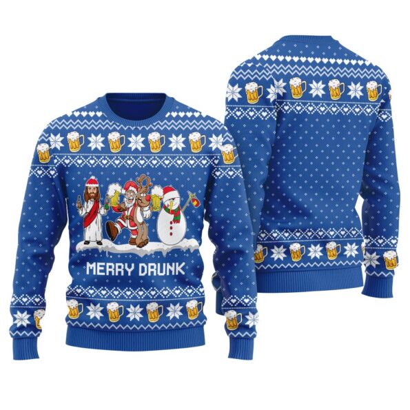 Merry Drunk Santa Jesus Friends Ugly Sweater Royal
