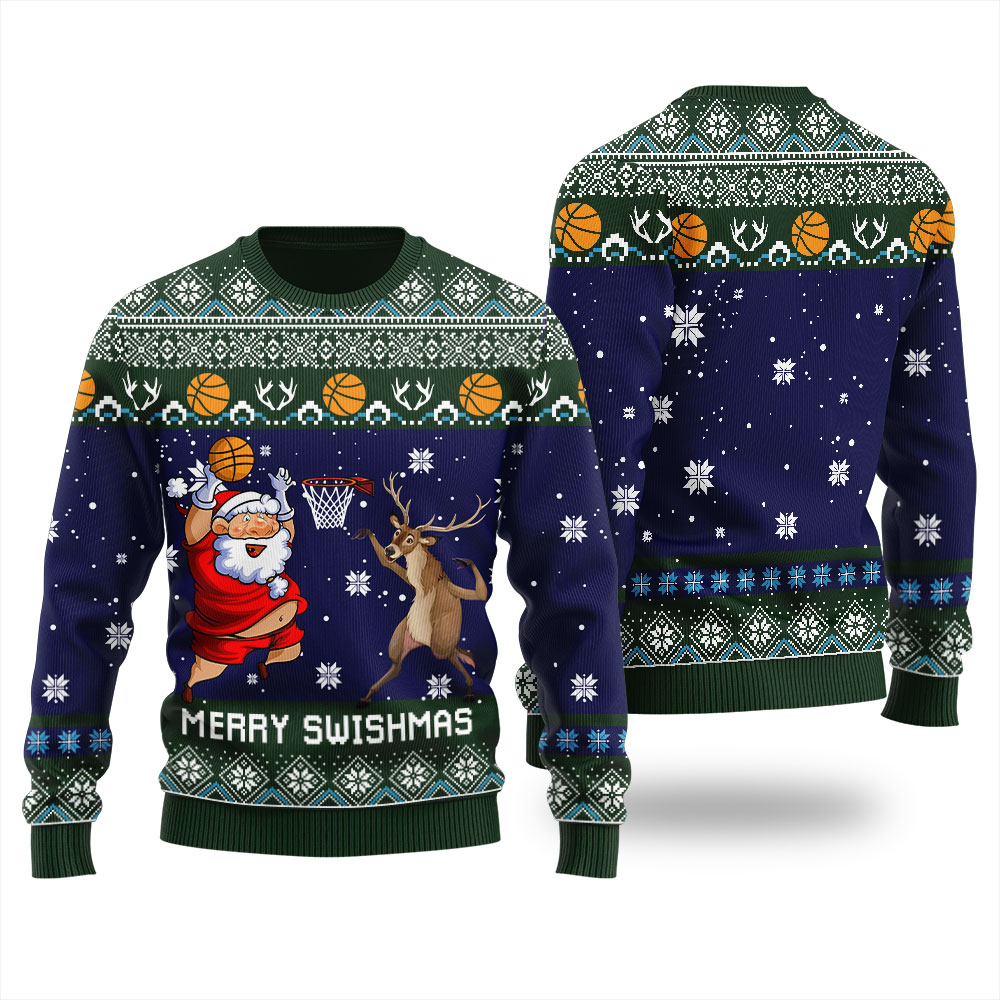 Merry Swishmas Funny Ugly Christmas Sweater Forest Green 1 Merry Swishmas Funny Ugly Christmas Sweater Forest Green