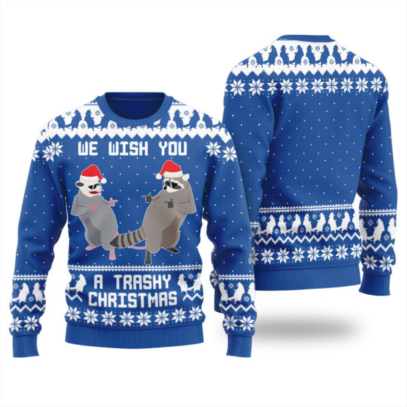 Merry Trashy Christmas Raccoon Opossum Ugly Sweater Royal
