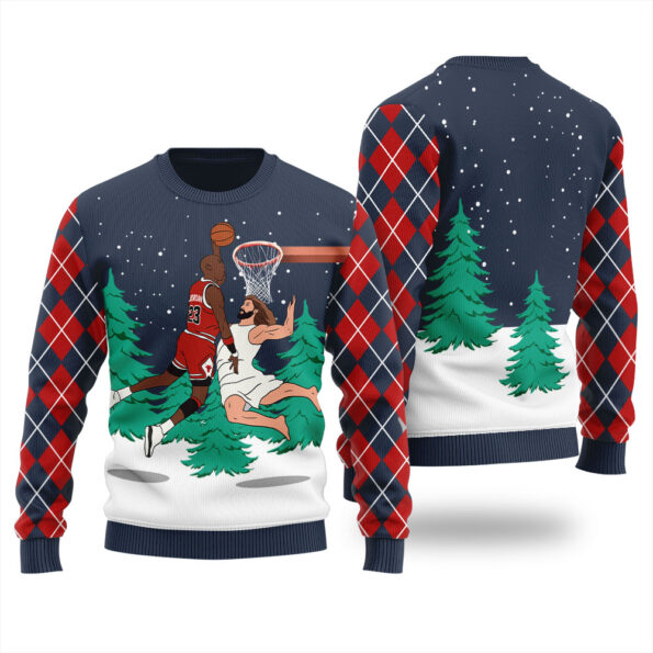 Michael Jordan Dunking Jesus Christmas Sweater Navy