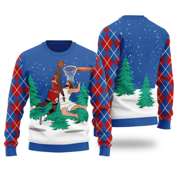 Michael Jordan Dunking Jesus Ugly Christmas Sweater Royal