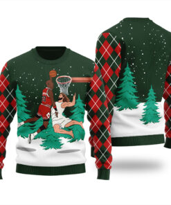 Michael Jordan Dunking Jesus Ugly Sweater Forest Green