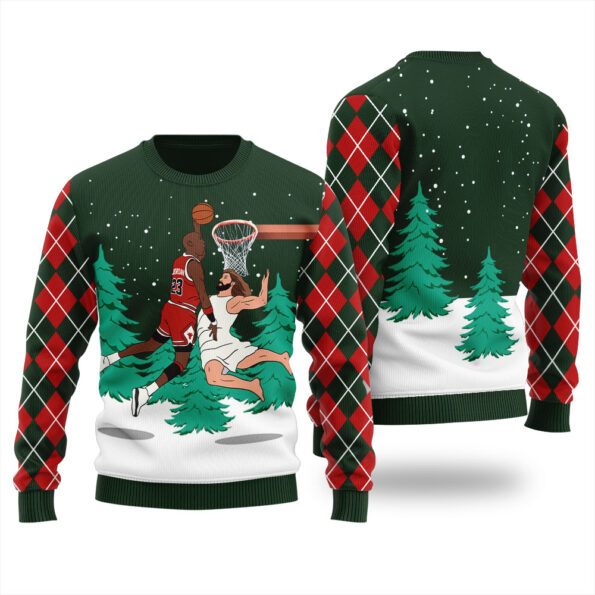Michael Jordan Dunking Jesus Ugly Sweater Forest Green
