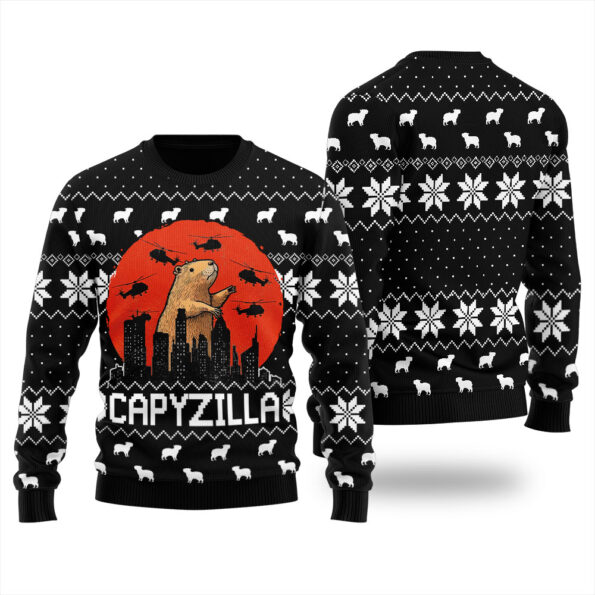 Monster Capybara Christmas Sweater Black