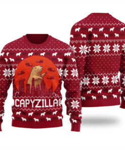 Monster Capybara Ugly Christmas Sweater Cardinal Red