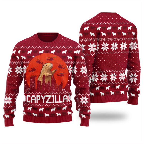 Monster Capybara Ugly Christmas Sweater Cardinal Red