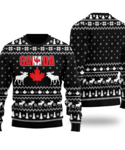 Moose Maple Leaf Canada Ugly Christmas Sweater Black