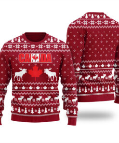 Moose Maple Leaf Canada Ugly Christmas Sweater Cardinal Red