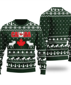 Moose Maple Leaf Canada Ugly Christmas Sweater Forest Green