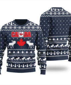 Moose Maple Leaf Canada Ugly Christmas Sweater Navy