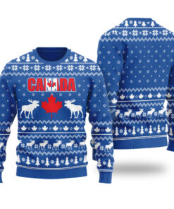 Moose Maple Leaf Canada Ugly Christmas Sweater Royal
