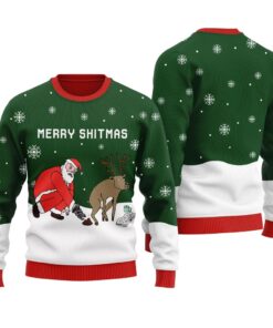Naught Santa With Reindeer Ugly Christmas Sweater Forest Green