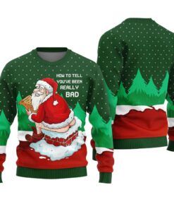 Naughty Santa Going Toilet Ugly Christmas Sweater Forest Green