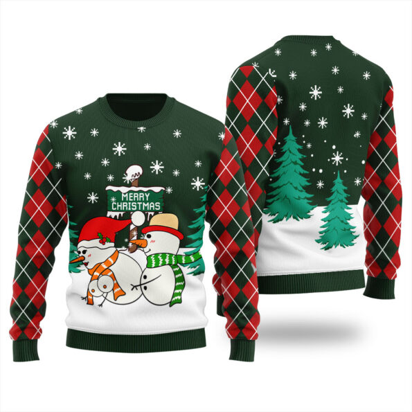 Naughty Snowman Couple Ugly Sweater Forest Green
