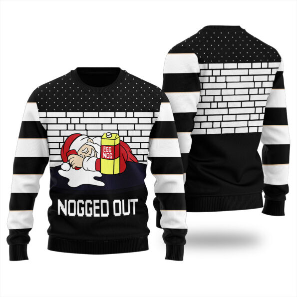 Nogged Out Santa Drinking Eggnog Christmas Sweater Black