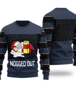 Nogged Out Santa Drinking Eggnog Ugly Christmas Sweater Navy