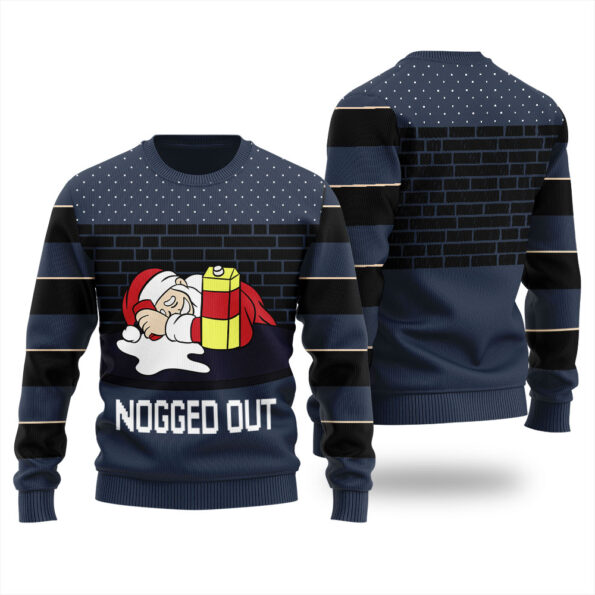 Nogged Out Santa Drinking Eggnog Ugly Christmas Sweater Navy